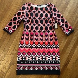 Nine West Poppy Red Combo Sheath Dress Geometric Pattern Size 10